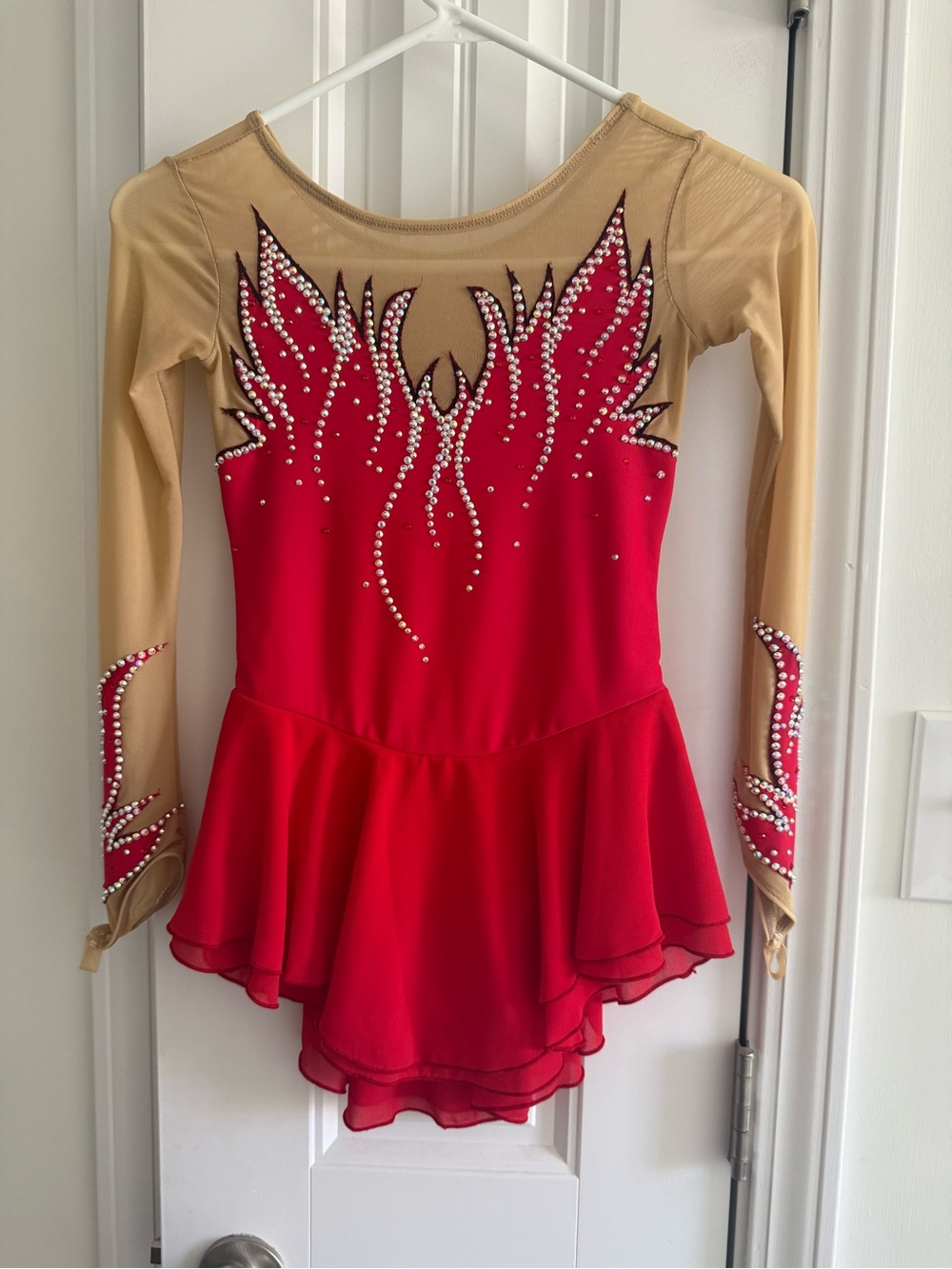 Girls Red & Nude Figure Skating Dress with Crystal Accents
